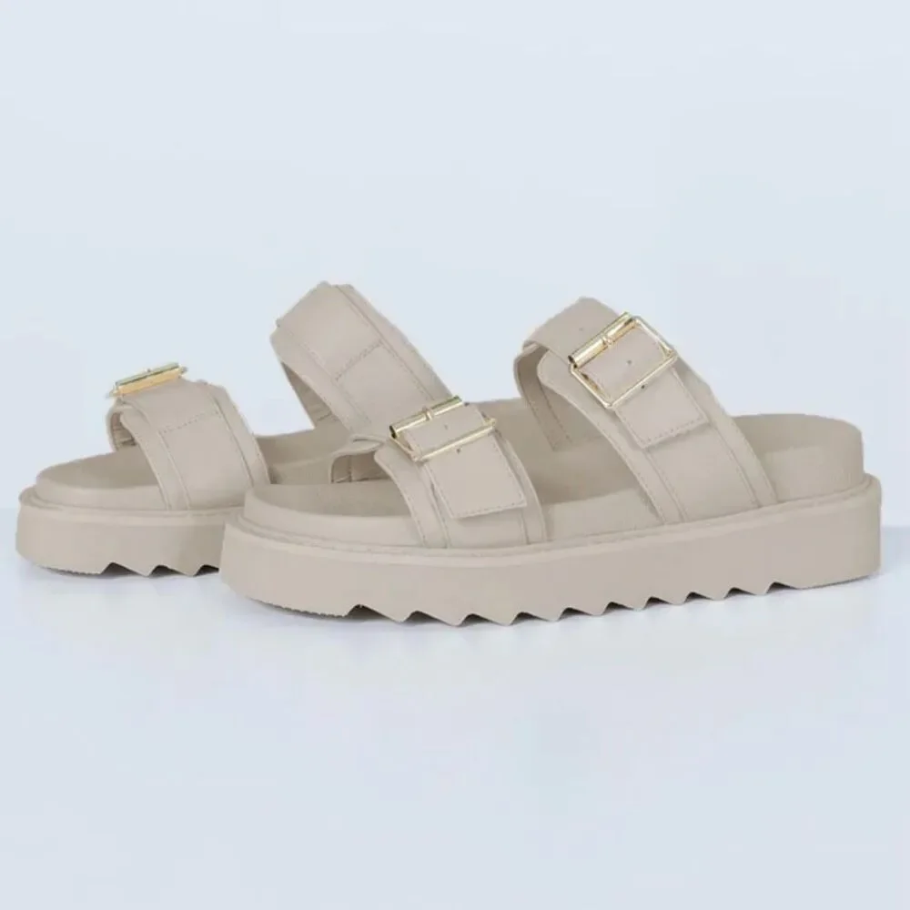 PRINCESS POLLY‎ | Cream Beige Ma Belle Slide on Buckle Sandals Vegan | Size 7